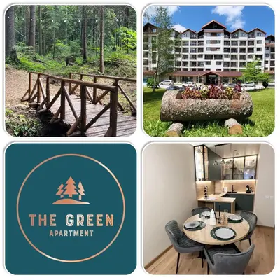 a collage of four pictures of the green apartment at The Green apartment in Borovets