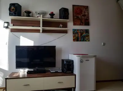 a living room with a television on a wooden table at Apart 32 Govedartsi Forest View in Govedartsi