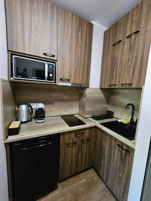 a small kitchen with wooden cabinets and a microwave at BoroHome in Borovets