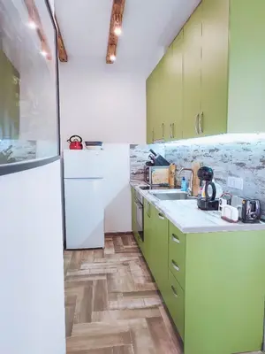 a kitchen with green cabinets and a white refrigerator at Villa Tangra in Grashtitsa