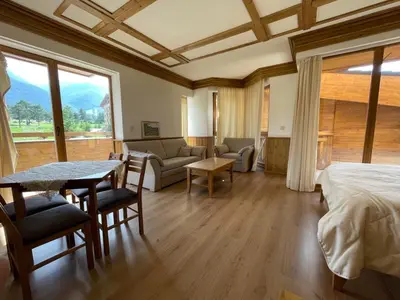 a bedroom with a bed and a couch and a table at Pirin Golf SPA Studio Mountain View Compass Property in Bansko