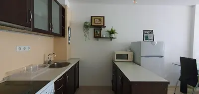 a kitchen with a sink and a refrigerator at Gondola Ski Lift Apartment in Bansko