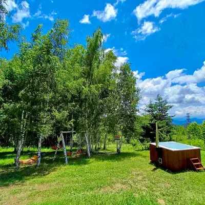 a small shack in a field next to trees at Вила Брезите in Pamporovo