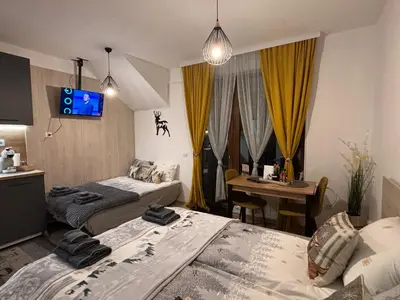 a bedroom with two beds and a table and a tv at Premium mountain studio 40 Semiramida Gardens in Borovets