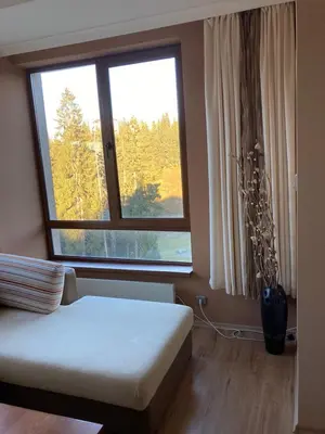 a bedroom with a bed and a large window at Апартамент за гости Свети Трифон in Pamporovo