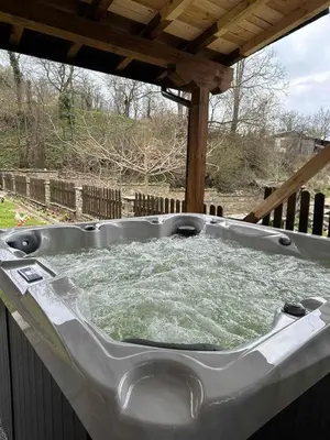 a bath tub filled with water in a yard at Къщи за гости НЕСИ in Leshten