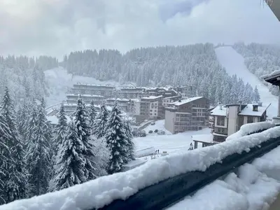 a view of a snow covered city with trees and buildings at Luxury Apartments Studenets in Pamporovo