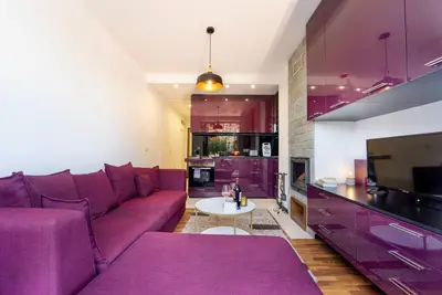 a living room with purple furniture and a purple couch at Warm&Cozy Studio with Patio in Bansko