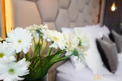 a vase filled with white flowers on a bed at Deluxe Apartment 33 Mountain Lodge Pamporovo in Pamporovo