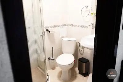 a small bathroom with a toilet and a sink at Deluxe Apartment 33 Mountain Lodge Pamporovo in Pamporovo