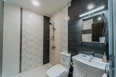 a bathroom with a toilet and a sink and a mirror at Katerina Apartments 2 in Velingrad