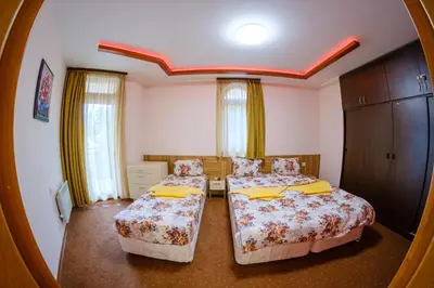 two beds in a room with a mirror at Pamporovo Cottage Savov in Pamporovo