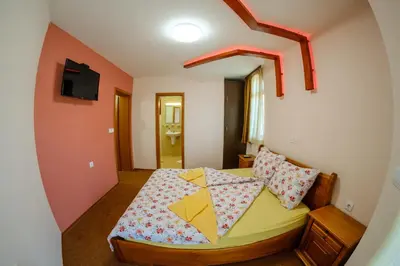 a bedroom with a bed and a mirror at Pamporovo Cottage Savov in Pamporovo