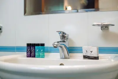 a bathroom sink with a faucet and a mirror at Парк-Хотел Клементина in Trud