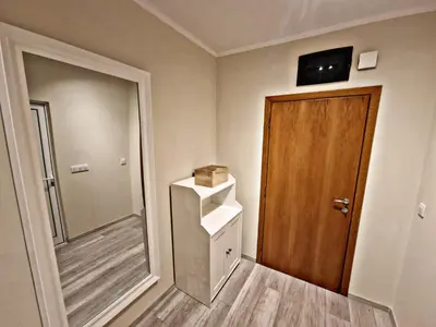 a room with a door and a mirror and a small refrigerator at 1 bedroom luxury apartment Milena -free parking in Pamporovo