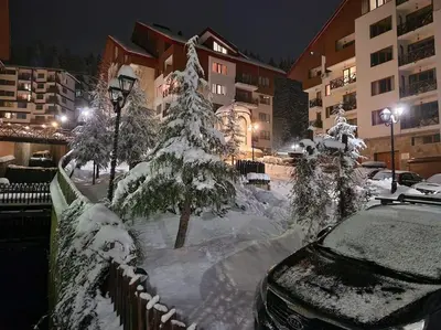 a snow covered tree in front of a building at 1 bedroom luxury apartment Milena -free parking in Pamporovo