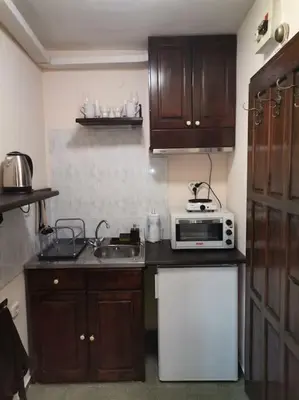 a small kitchen with a sink and a microwave at Quiet central studio in Pazardzhik