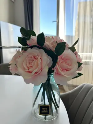 a glass vase filled with pink roses on a table at Rose apt South Park - Free Public Parking, Mountain View, self check-in, near metro, stores, family-friendly in Sofia