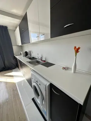 a kitchen with a washer and dryer on a counter at Rose apt South Park - Free Public Parking, Mountain View, self check-in, near metro, stores, family-friendly in Sofia