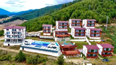 an aerial view of a house with a swimming pool at Вилно селище PARADISE VIEW in Sarnitsa