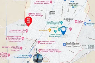 a map with a red marker on it at Snow Legend Apartment with terrace in Bansko