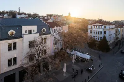 an overhead view of a city with buildings and a street at Студио Римски Стадион in Plovdiv