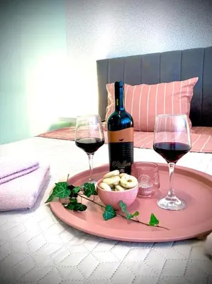 a table with two glasses of wine and a plate of food at Студио Римски Стадион in Plovdiv
