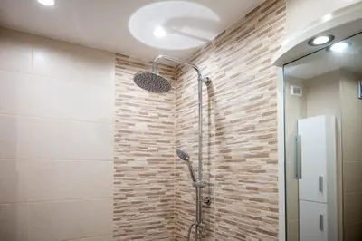 a shower in a bathroom with a brick wall at Modern and Cozy 1BDR Apartment in the City Center in Sofia