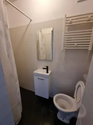 a bathroom with a white toilet and a mirror at Cozy Apartment in Sofia Center in Sofia