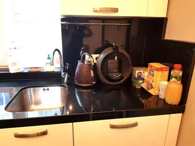 a kitchen counter with a sink and a microwave at Doctors Garden Appartment in Sofia