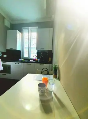 a kitchen with a table with two glasses on it at Doctors Garden Appartment in Sofia