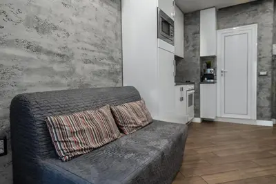 a living room with a gray couch with a pillow at Luxury Studio Silver by Flat Mаnager in Sofia