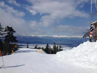 a snow covered slope with trees and mountains in the distance at Snow Lodge Mountain view in Bansko