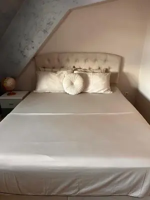 a white bed with a white headboard and pillows at Мезонет “Djanina” in Sandanski