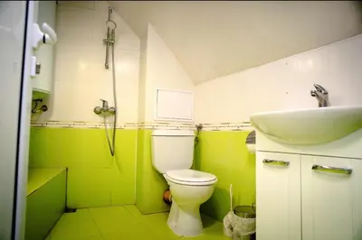 a green bathroom with a toilet and a sink at Apart Centar in Plovdiv