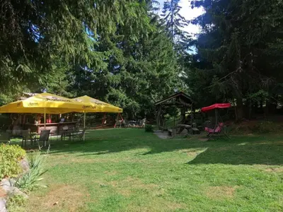 a park with tables and umbrellas in the grass at Утро без Аларма, Смолянски езера. Alarm free Morning Smolyan lakes in Smolyan