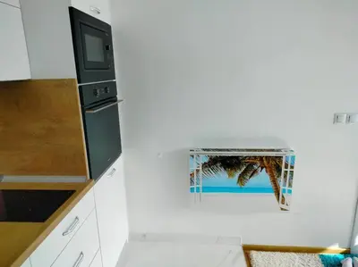 a hanging picture of a palm tree in a kitchen at Alinik Apartment in Sofia