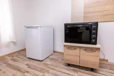 a white refrigerator and a microwave in a room at Apartement Hérmitage in Sandanski