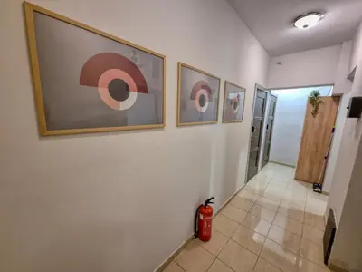 a hallway with paintings on the wall and a fire hydrant at Cozy Studio in Center of Sofia in Sofia