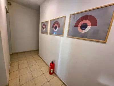a fire hydrant in a hallway with paintings on the wall at Cozy Studio in Center of Sofia in Sofia