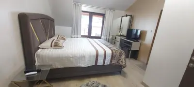 a bedroom with a bed and a mirror and a tv at ЕЛЕГАНС къща за гости in Dospat