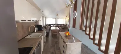 a kitchen with a sink and a living room at ЕЛЕГАНС къща за гости in Dospat