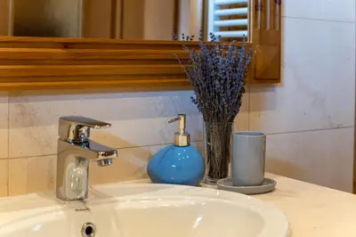 a bathroom sink with a blue bottle and a vase of flowers at Boutique Holiday Pirin Golf in Razlog