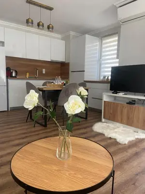 a living room with a vase with flowers on a table at M&M Center Apartment with free parking in Plovdiv