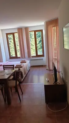 a bedroom with a bed and a table and a desk at Rositsa 28 in Pamporovo