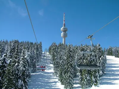 a row of plants on a ski lift in the snow at Rositsa 28 in Pamporovo