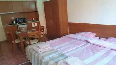 a bedroom with two beds and a table and a kitchen at Rositsa 28 in Pamporovo