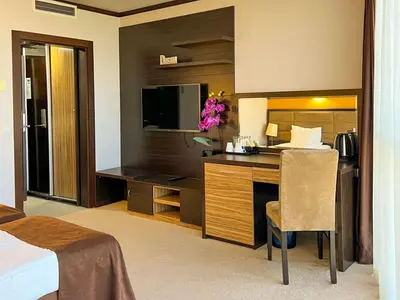 a bedroom with a bed and a desk with a television at Hotel Dream in Sofia