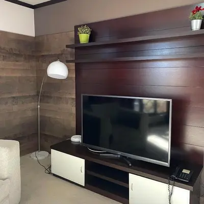 a living room with a flat screen tv on a wooden wall at Hotel Dream in Sofia