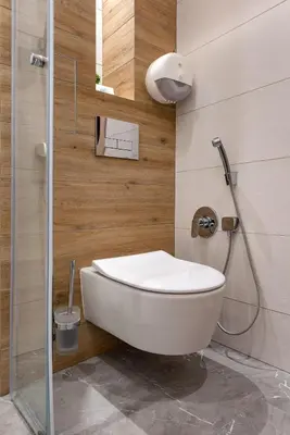 a bathroom with a white toilet and a shower at City Park Inn - Art Gallery in Plovdiv